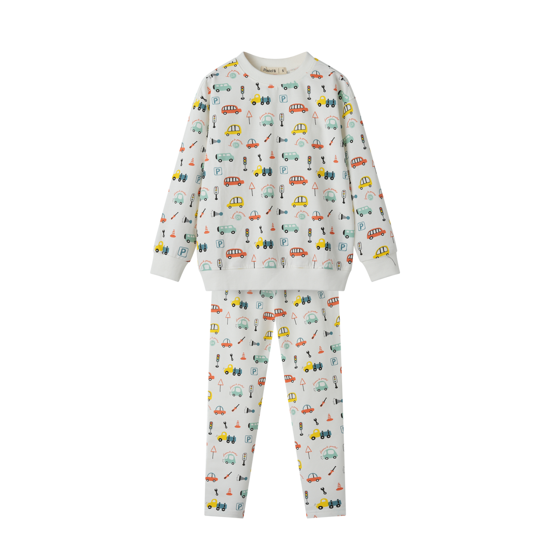 COLORFUL CARS PAJAMA SET-WHITE MULTI