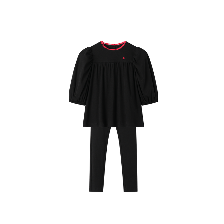 HIGH YOKE ROBE SET WITH EMBROIDERY-BLACK