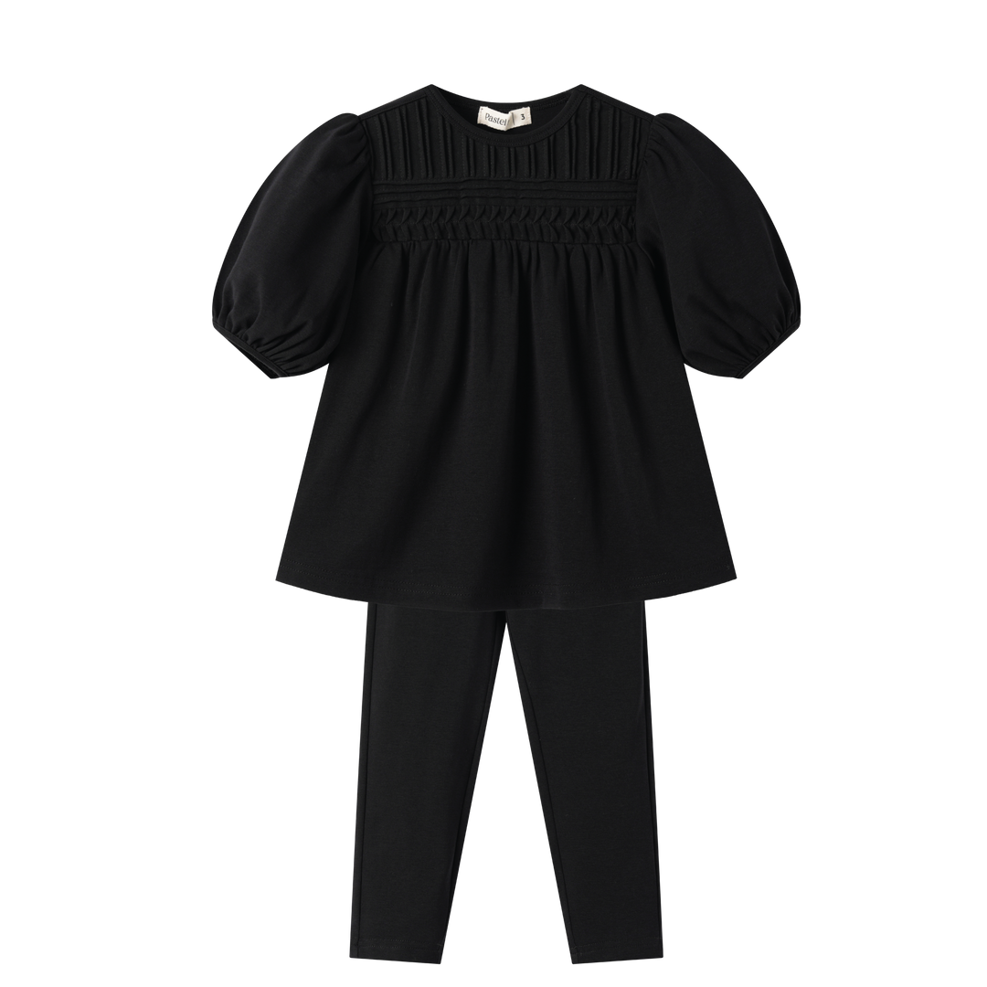 HIGH YOKE TUCKS ROBE SET-BLACK