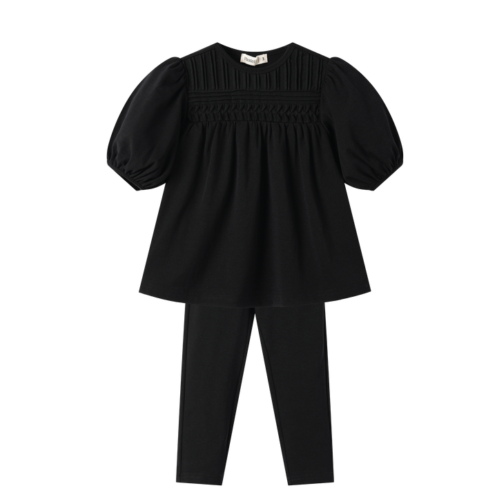 HIGH YOKE TUCKS ROBE SET-BLACK