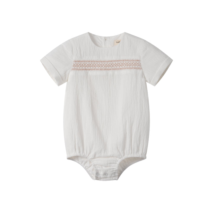 LINEN ROMPER WITH SMOCKING-WHITE