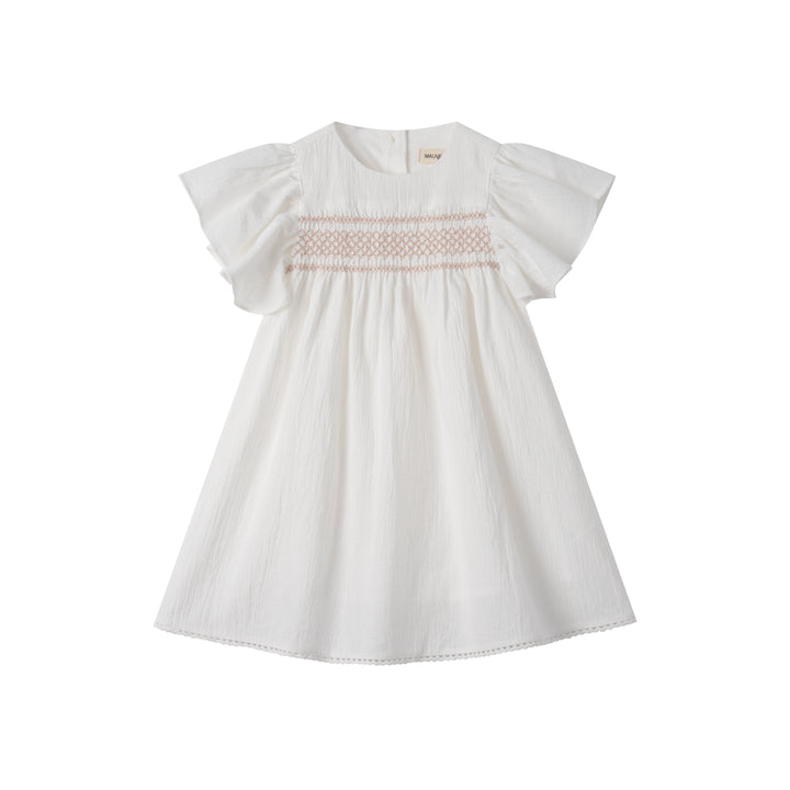 FLUTTER SLEEVE LINEN DRESS WITH SMOCKING-WHITE