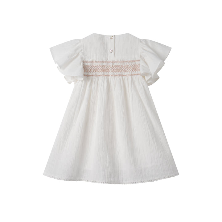 FLUTTER SLEEVE LINEN DRESS WITH SMOCKING-WHITE