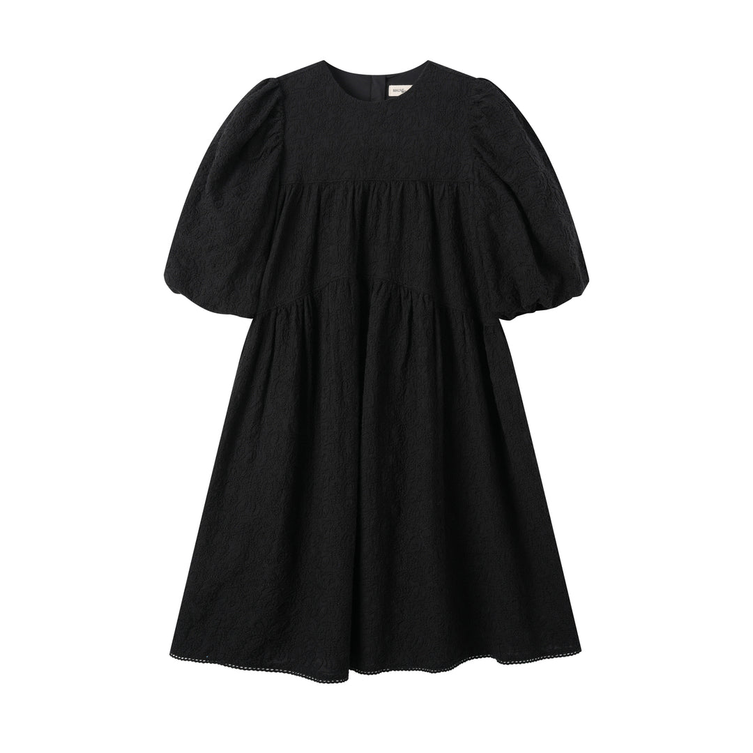 EMBROIDERED PUFF SLEEVE DRESS-BLACK