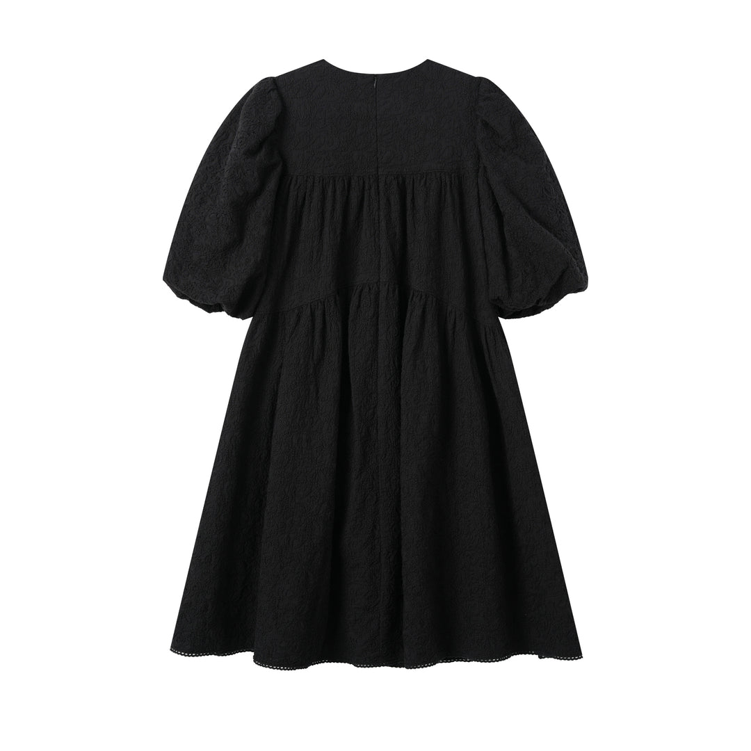 EMBROIDERED PUFF SLEEVE DRESS-BLACK