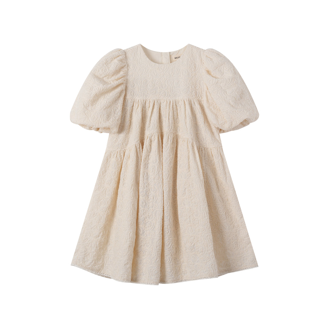 EMBROIDERED PUFF SLEEVE DRESS-CREAM