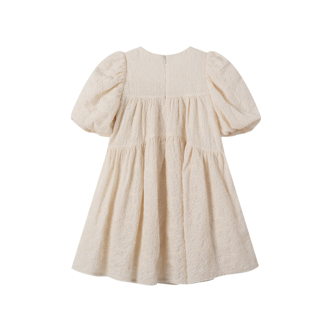 EMBROIDERED PUFF SLEEVE DRESS-CREAM