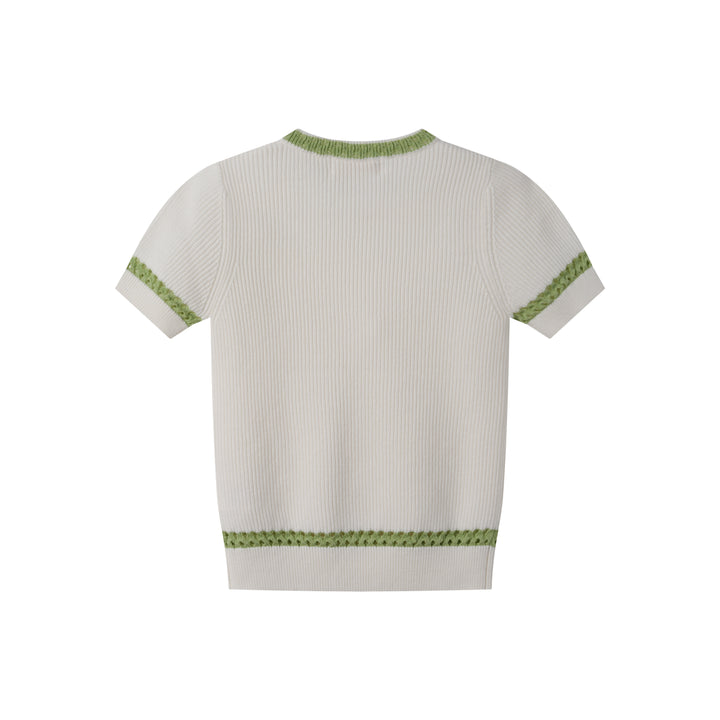 SHORT SLEEVE SWEATER WITH CONTRAST EDGING-WHITE