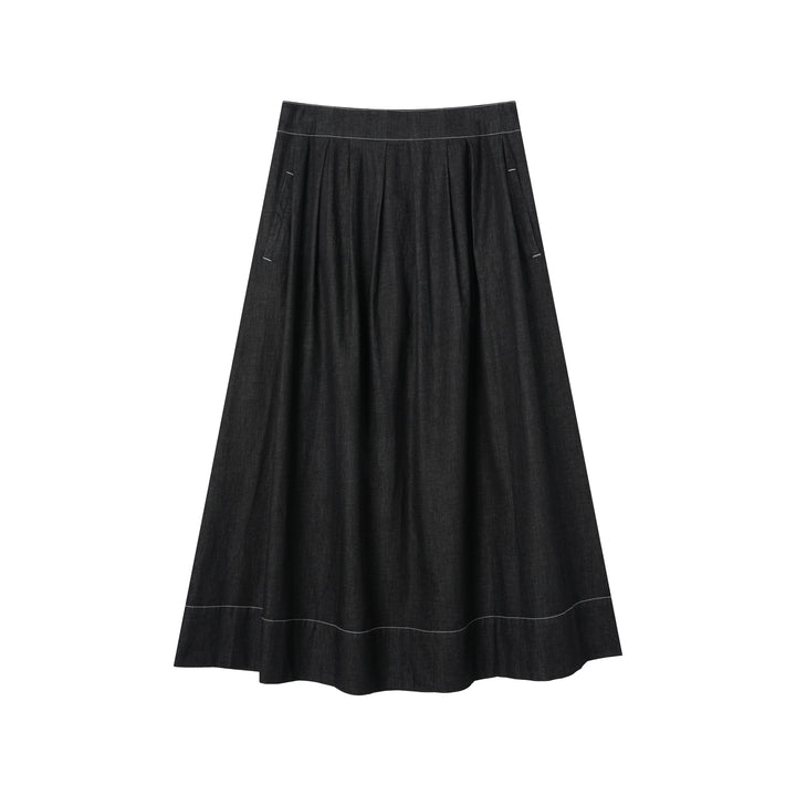 MIDI SOFT PLEATED SKIRT-BLACK DENIM