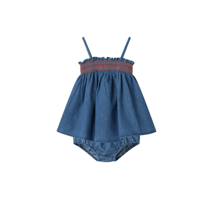 HIGH YOKE SMOCKED BLOOMER SET-DENIM