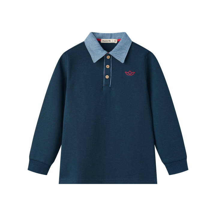 BOYS POLO WITH DENIM COLLAR-NAVY