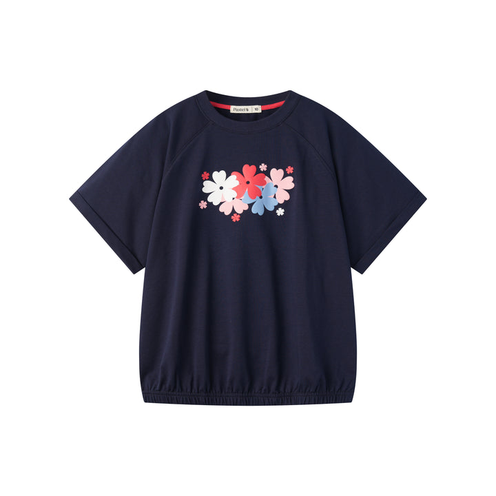 CAP SLEEVE SWEATSHIRT WITH FLOWERS-NAVY