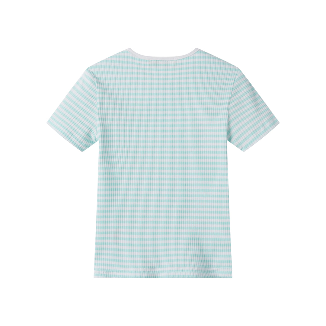 STRIPED RIBBED SHORT SLEEVE T-SHIRT-BLUE STRIPED