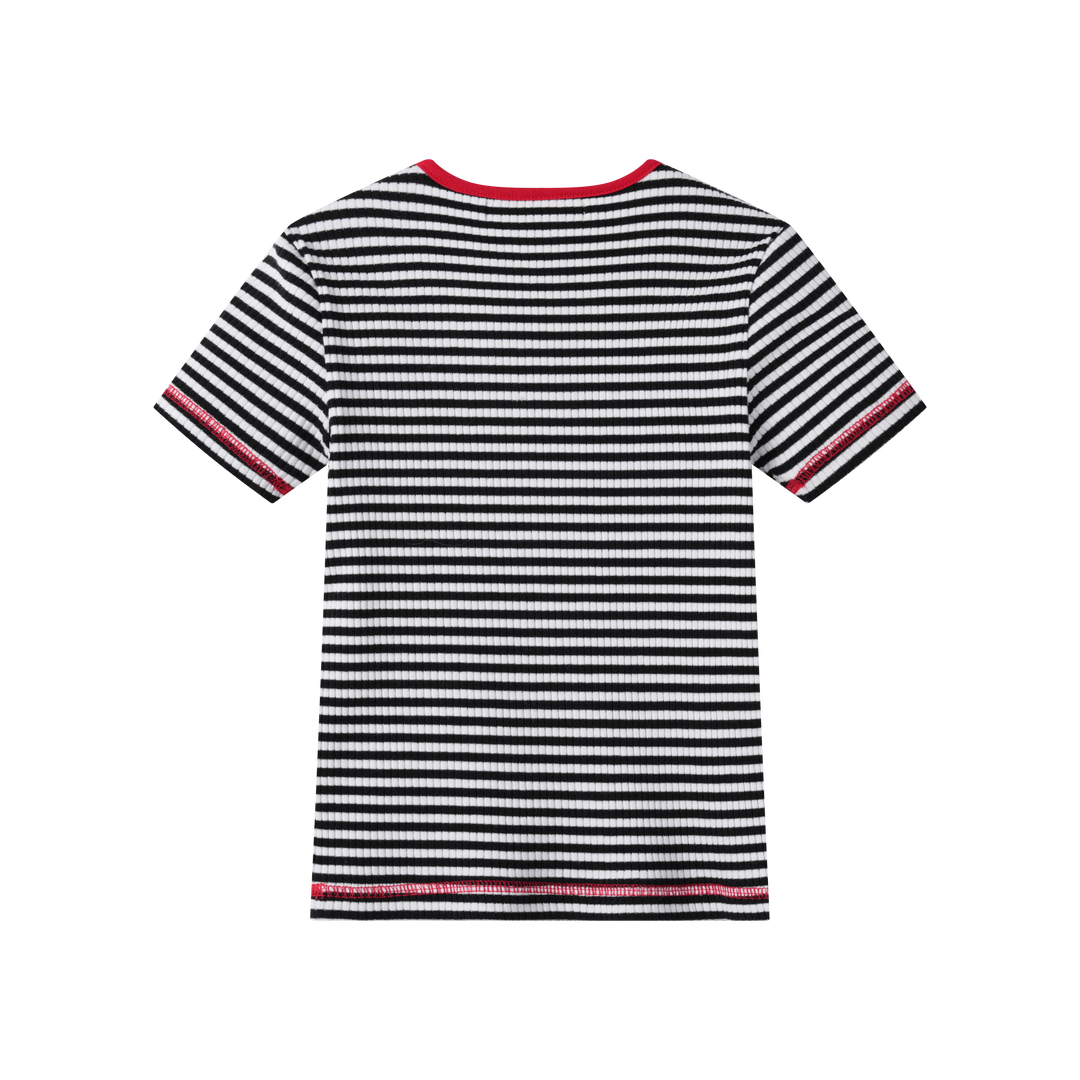 STRIPED RIBBED SHORT SLEEVE T-SHIRT-BLACK STRIPED