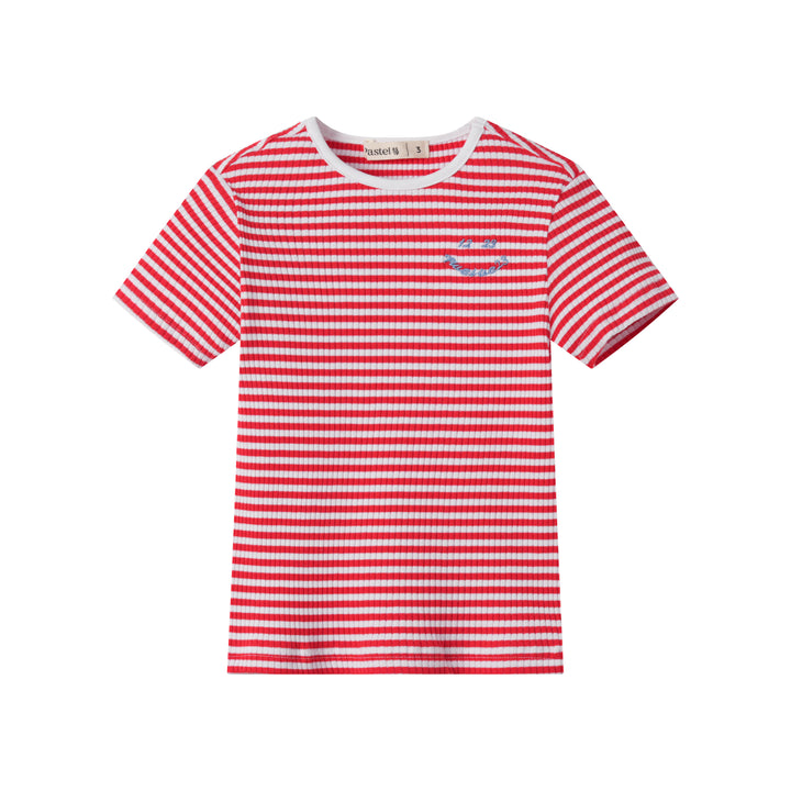 STRIPED RIBBED SHORT SLEEVE T-SHIRT-RED STRIPED