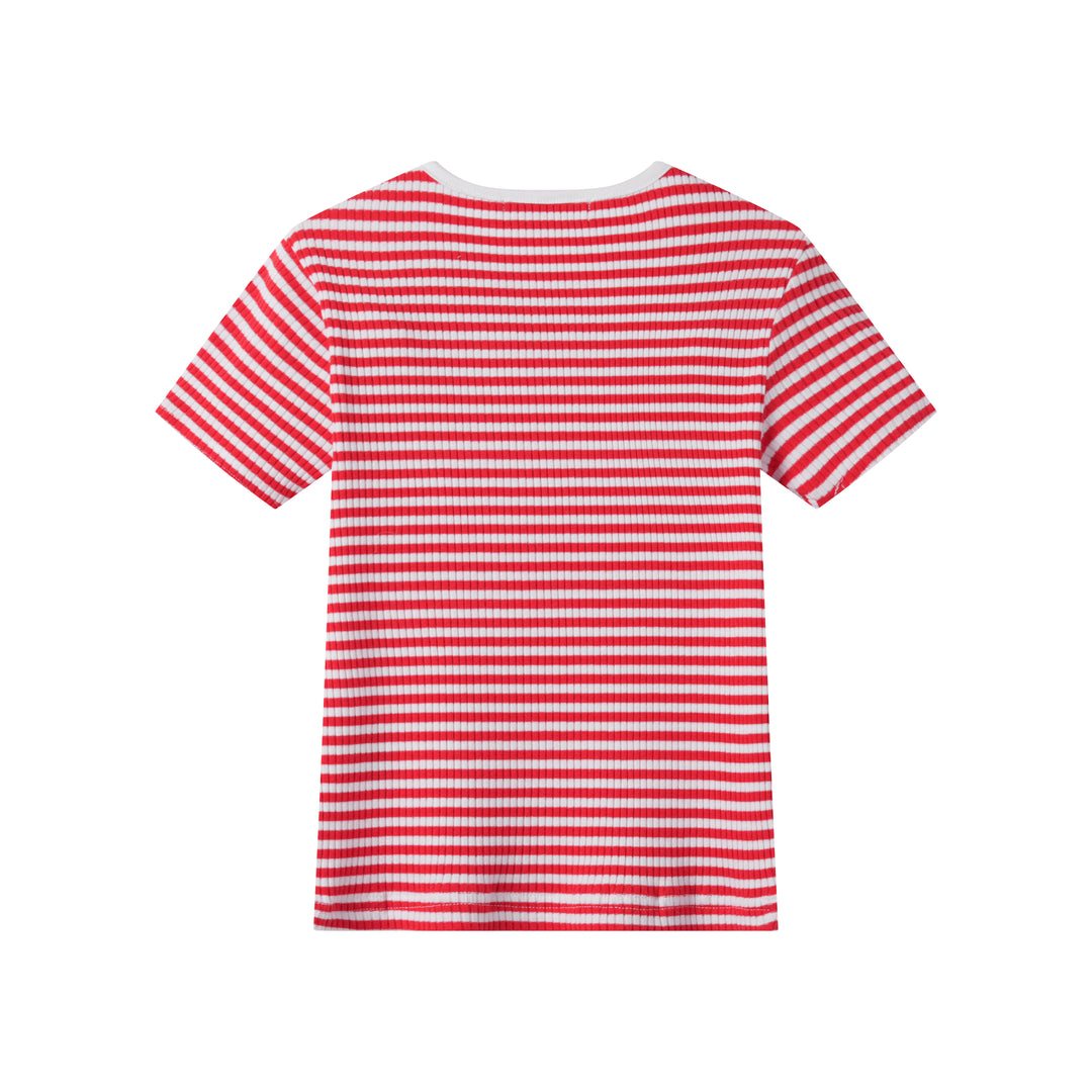 STRIPED RIBBED SHORT SLEEVE T-SHIRT-RED STRIPED