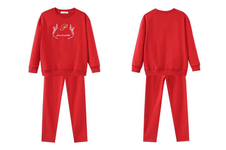 PAJAMA SET WITH CENTER EMBROIDERY-RED