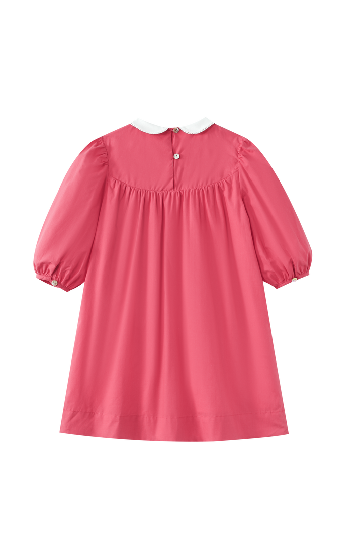 EMBROIDERED COLLAR HIGH YOKE DRESS-HOT PINK