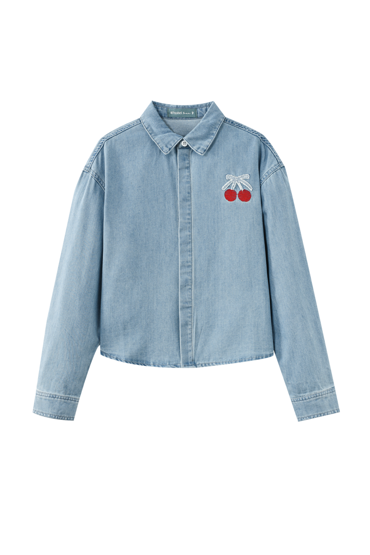 TEEN SHIRT WITH EMBROIDERED CHERRY-DENIM