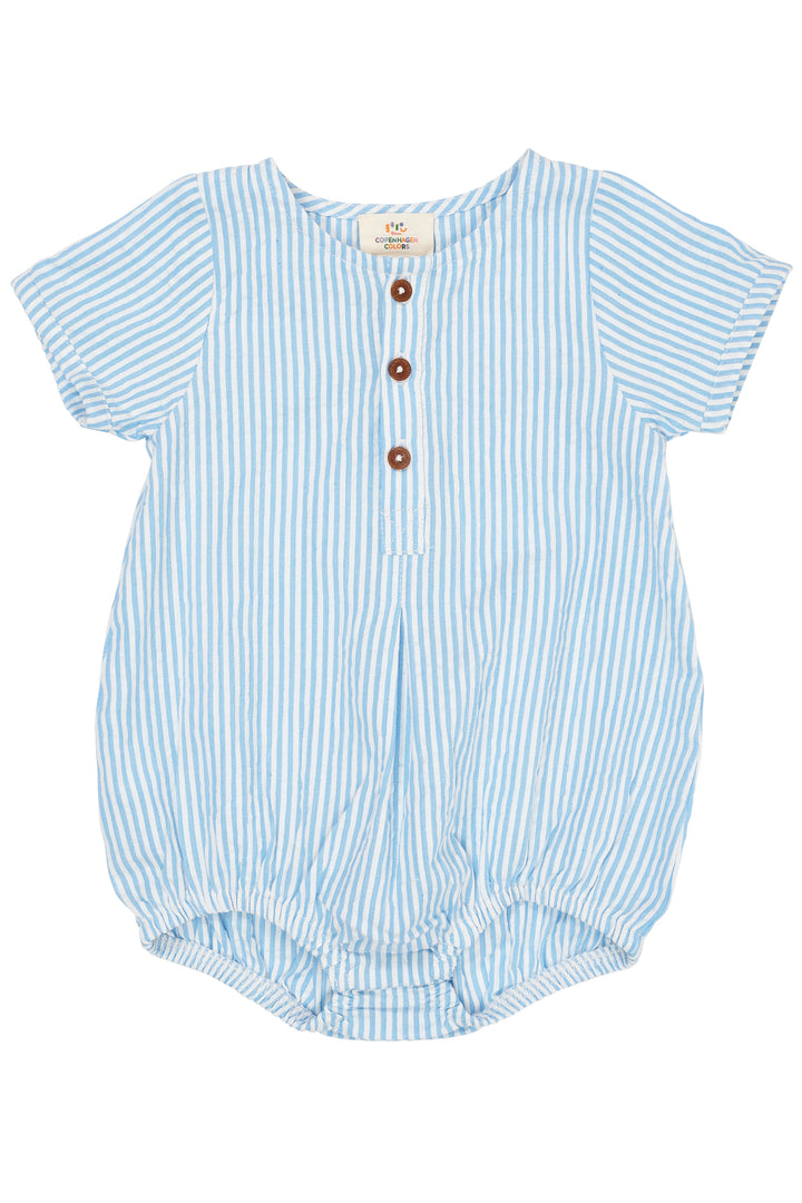 241-200-502 SEERSUCKER ROMPER W. SLEEVES -  SKY BLUE W CREAM STRIPE