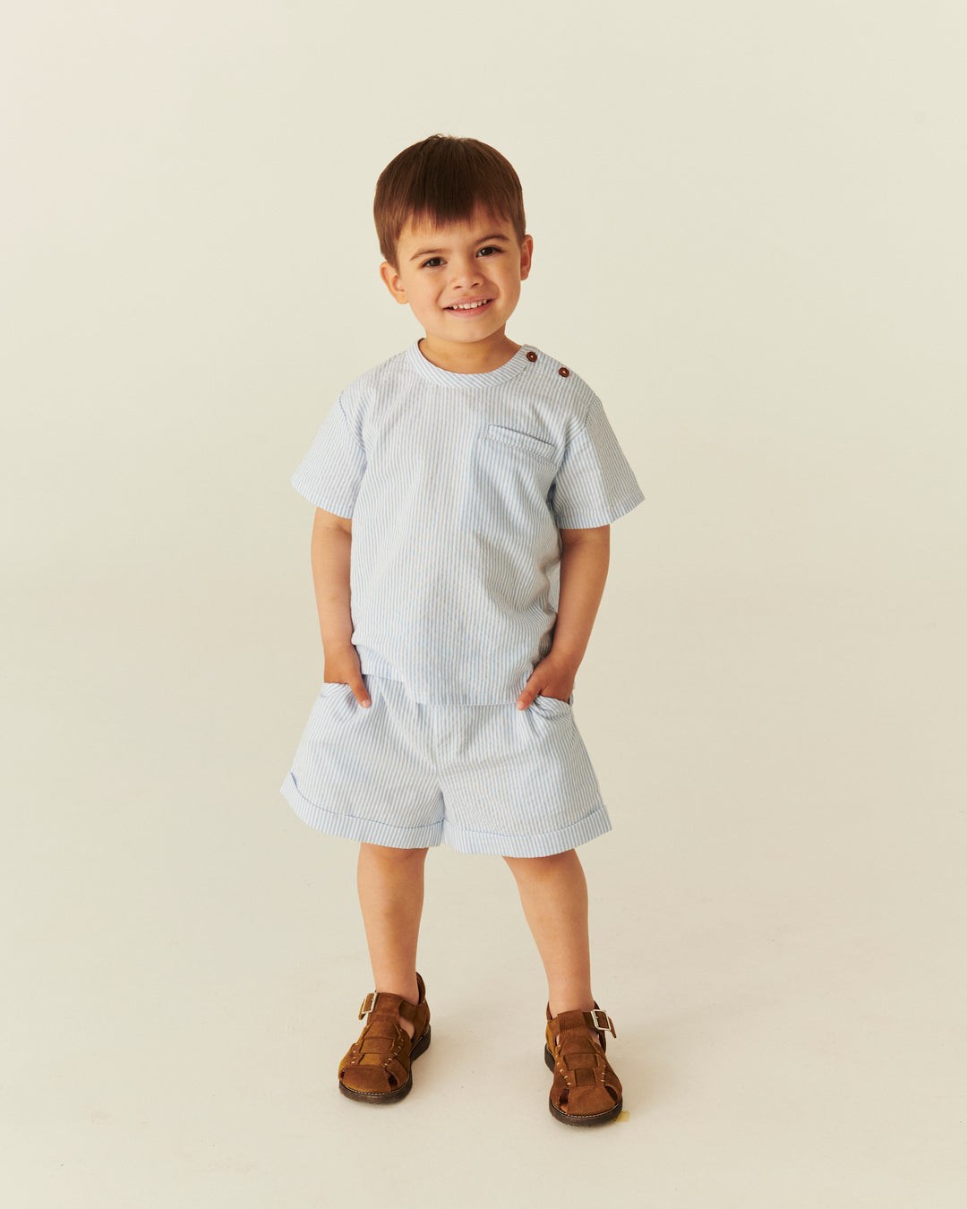 261-200-302 SEERSUCKER SS BLOUSE -  SKY BLUE W CREAM STRIPE