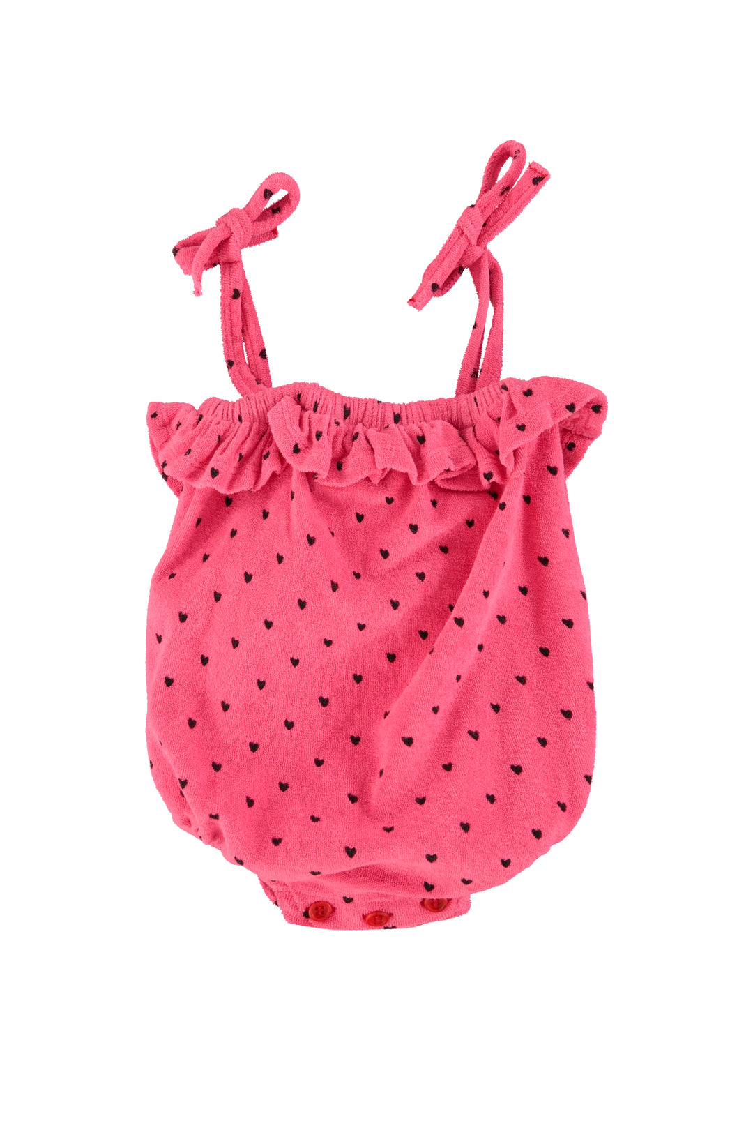 SS26.JRS2602-BABY ROMPER W/ RUFFLES - PINK W/ BLACK HEARTS ALLOVER