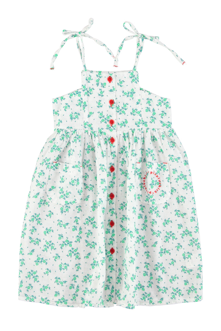 SS26.MN2614-LONG DRESS ECRU W/ GREEN FLOWERS ALL OVER