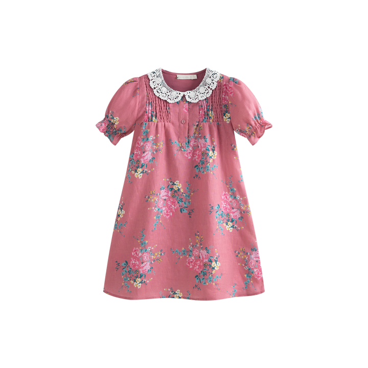 Loredana Dress Pink Flowers (Cream Collar)