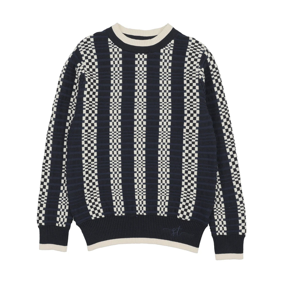 ST2003-NAVY CHECK STRIPE SWEATER-Navy Blue