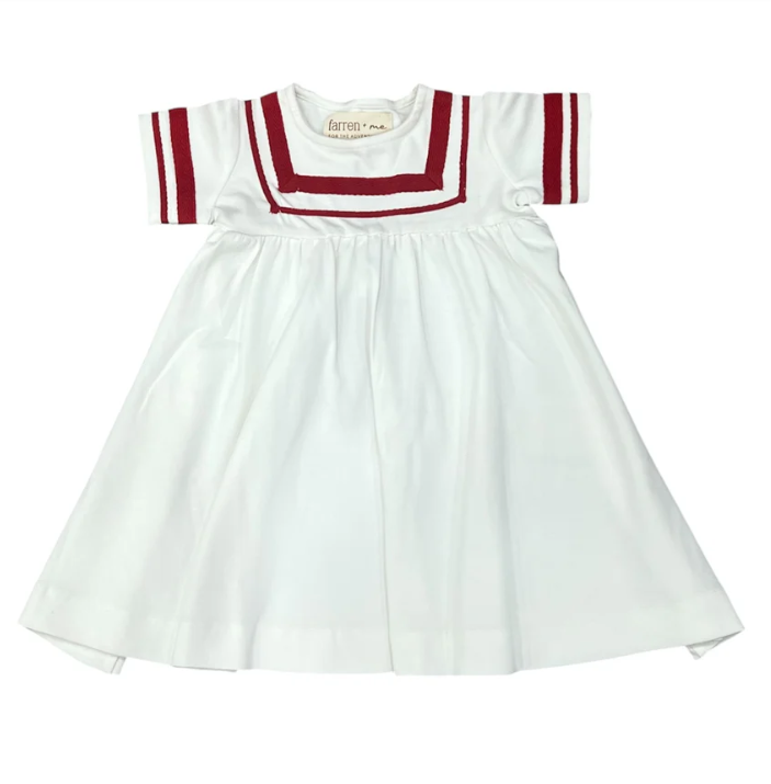 F286-TENNIS SHORT SLV SAILOR DRESS-Ecru/Red