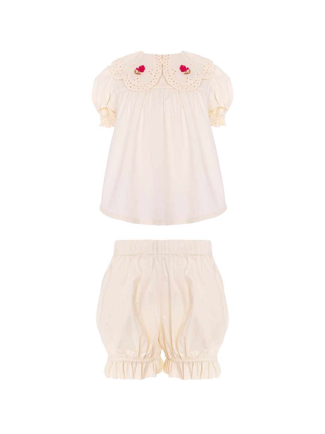 ROSE BABY SET-BEIGE COTTON WITH ROSE EMBROIDERED COLLAR