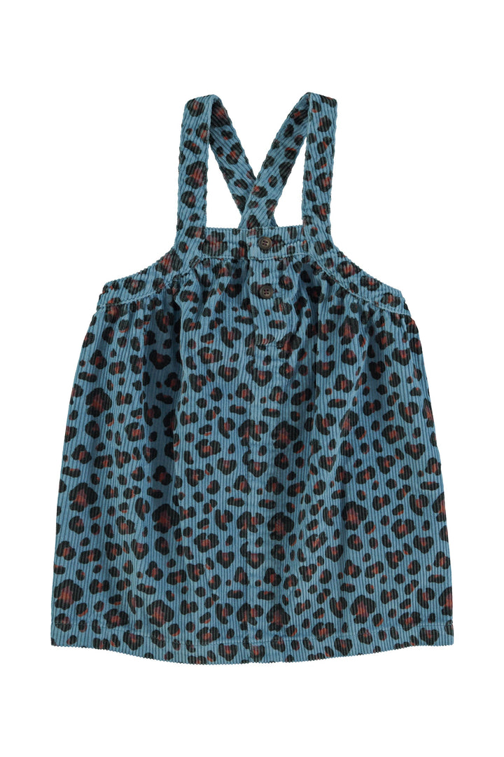 AW25.MN2513A  USA-Knee-lenght dress w/ straps | Blue w/ animal print-blue| cotton corduroy