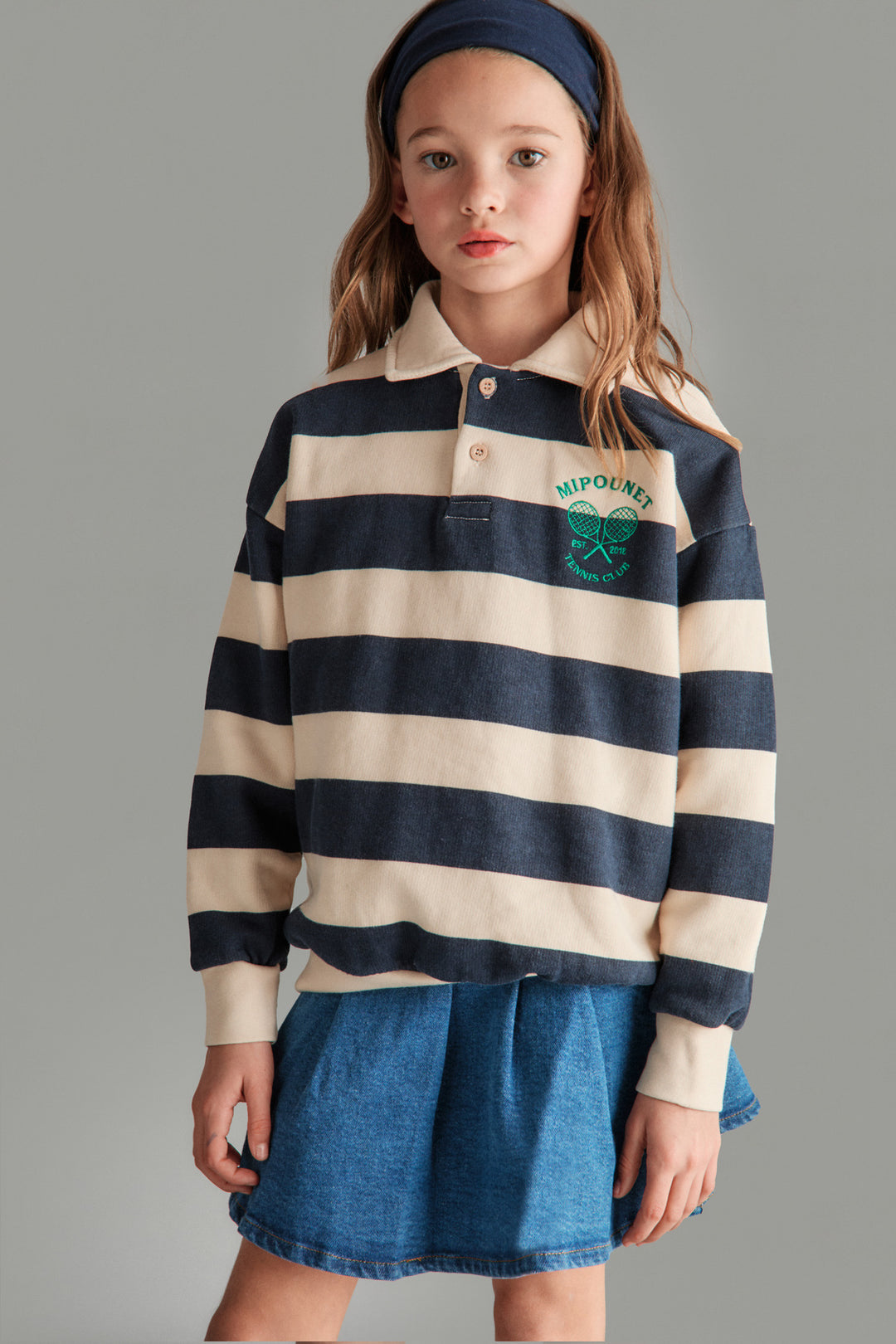 PIERO POLO SWEATSHIRT - ORGANIC COTTON FLECCE (ECRU / BLUE)
