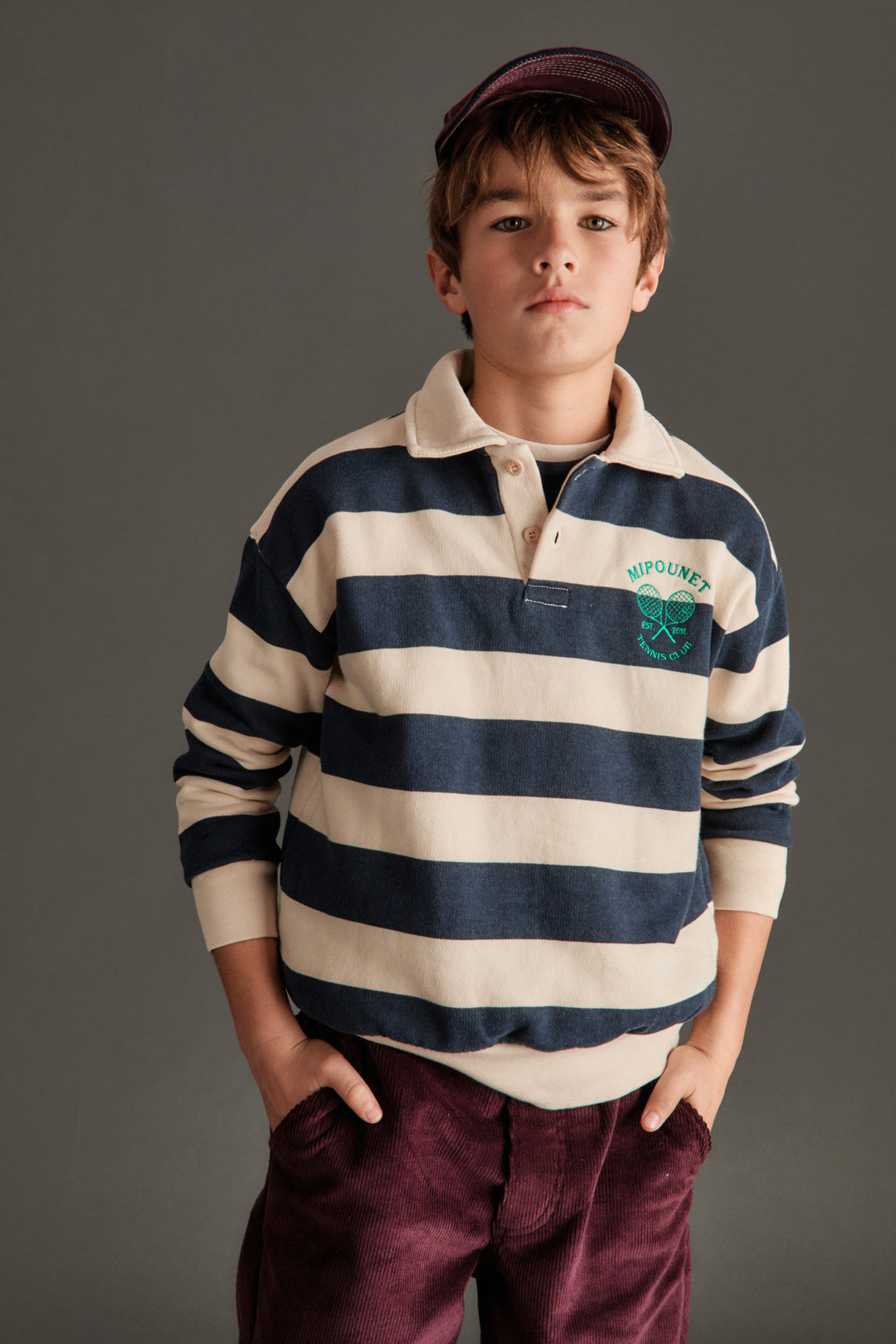 PIERO POLO SWEATSHIRT - ORGANIC COTTON FLECCE (ECRU / BLUE)