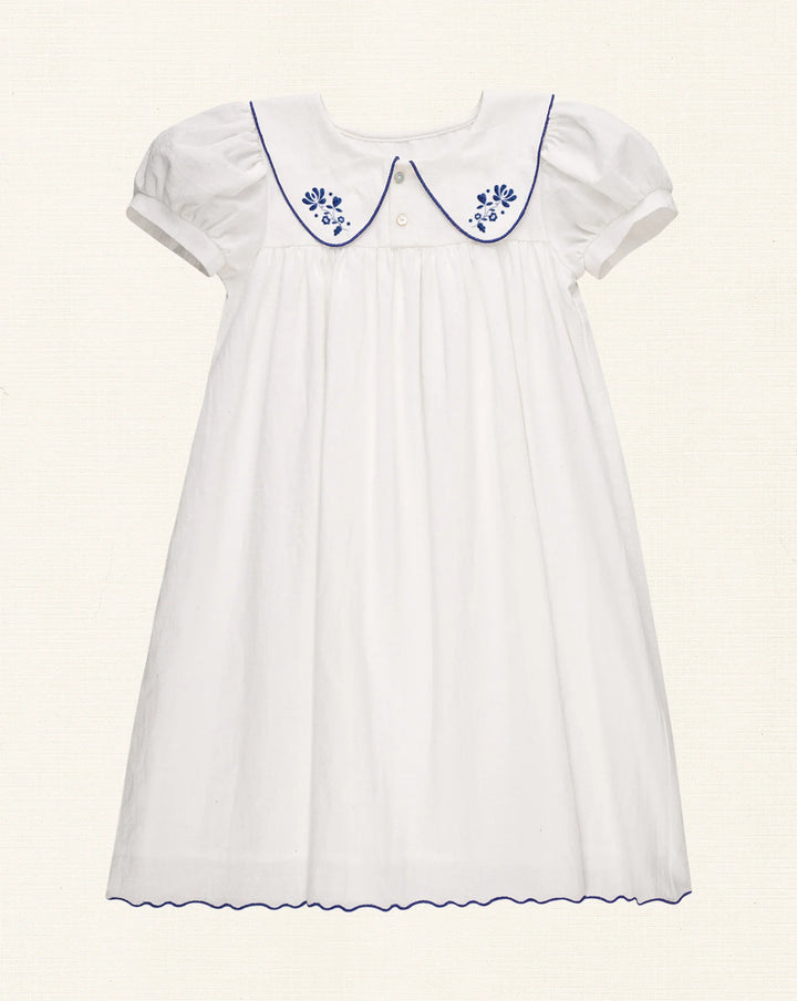 LPSS26002 SOPHIA EMBROIDERED ECRU DRESS W/ 3/4 SLEEVES - ROYAL BLUE