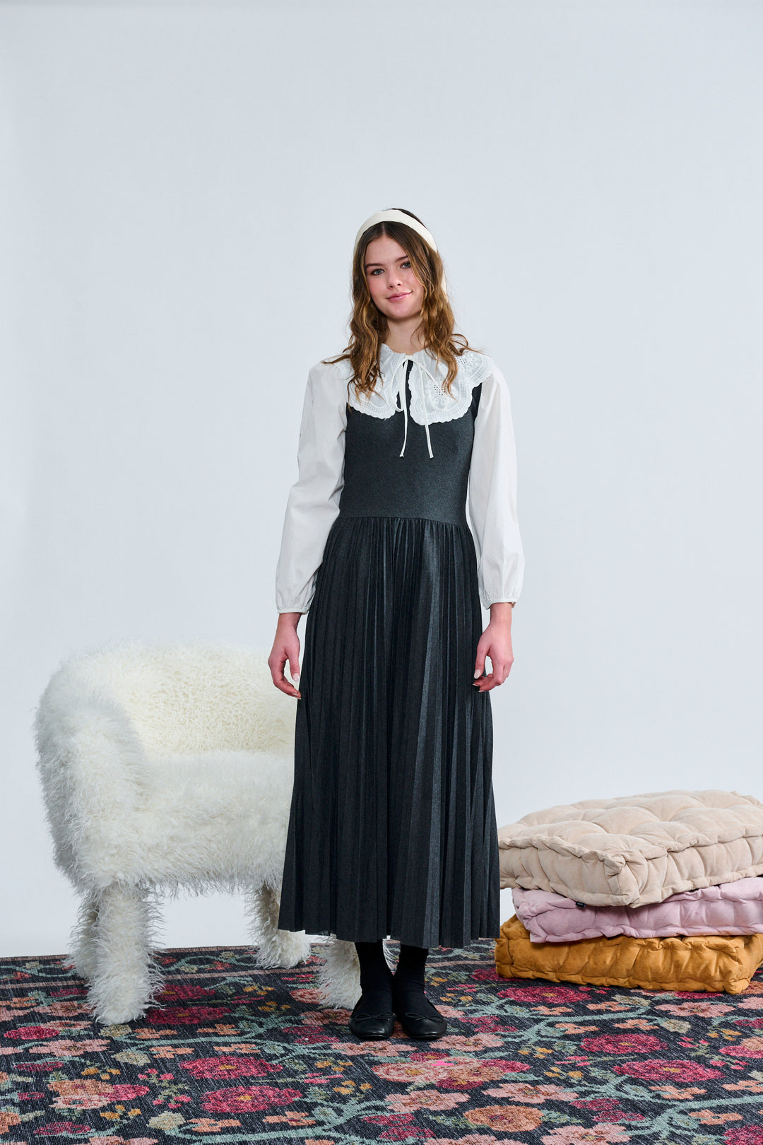 T-1335 GRAY KNIT DROP WAIST PLEATED JUMPER