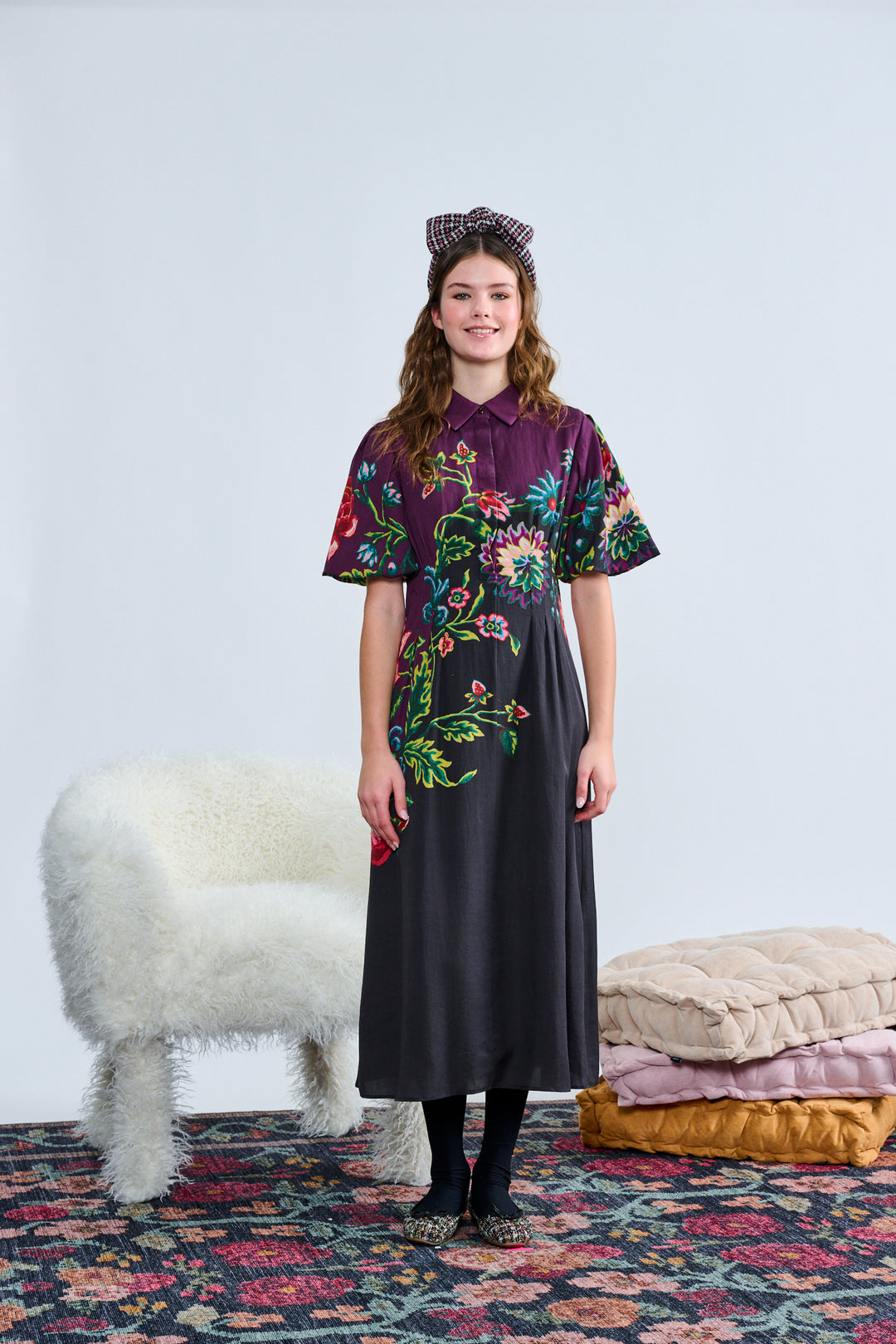 T-1337 PURPLE TO BLACK OMBRE VIBRANT FLORAL DESIGN DRESS