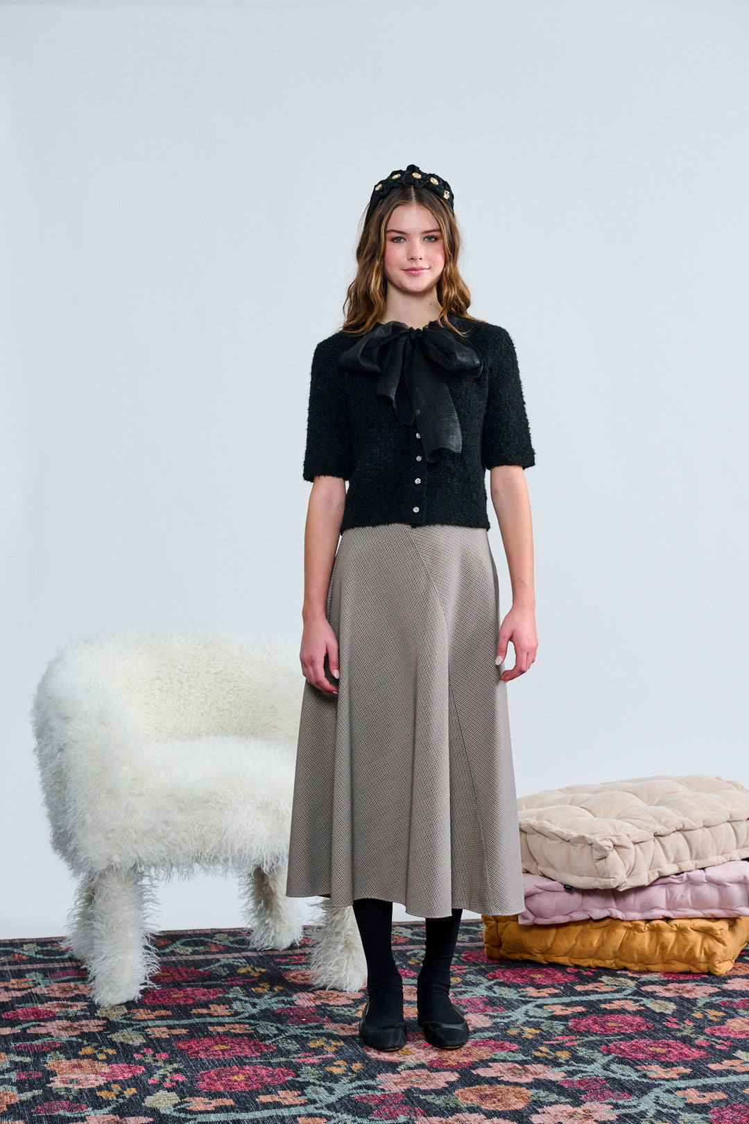 T-1420 BROWN BLACK WHITE HOUNDSTOOTH W/ LEATHER WAIST SKIRT