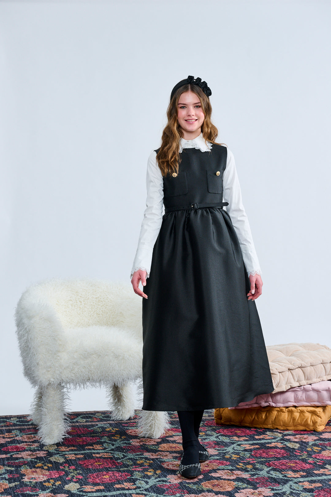 T-1389 BLACK GOLD BUTTON BELTED WAIST JUMPER