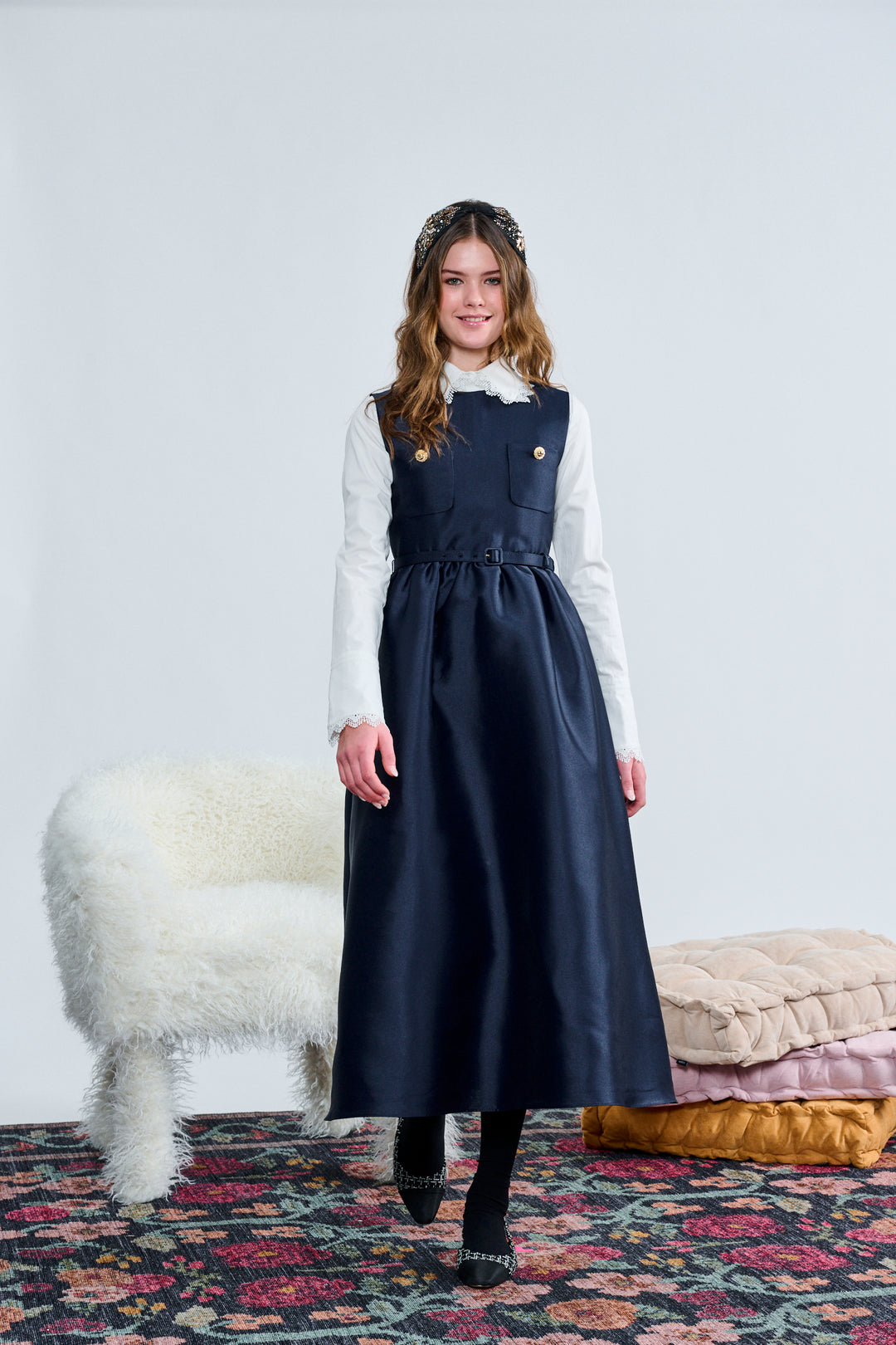 T-1390 NAVY GOLD BUTTON BELTED WAIST JUMPER