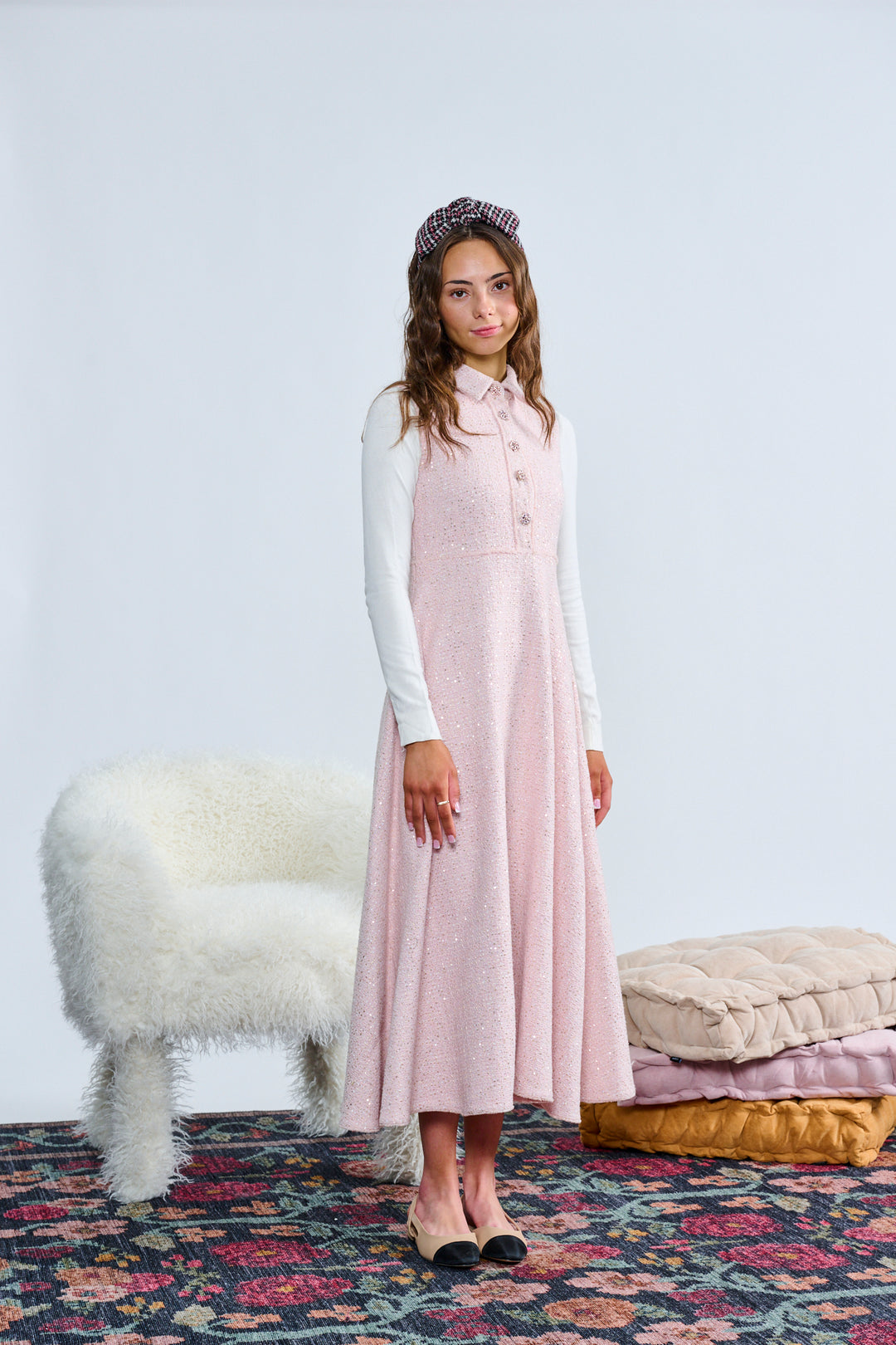T-1398-A PINK SEQUINED GEM BUTTON PLACKET JUMPER