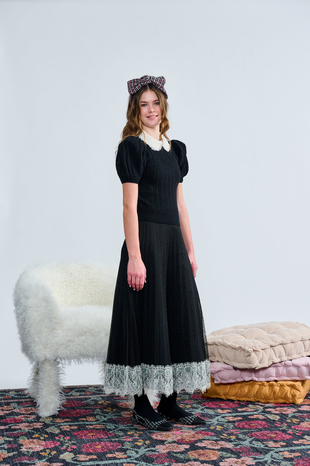 T-1415 BLACK LACE OVERLAY W/ WHITE LACE TRIM SKIRT