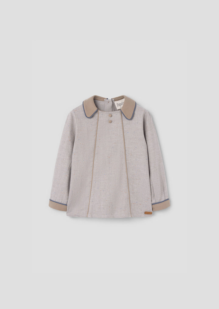 MOD.20.2 GREY HERRINGBONE PANELLED BLOUSE IN ALL HERRINGONE FABRIC COLLAR SLEEVES WRISTS AND ALL PIPING IN BLUE