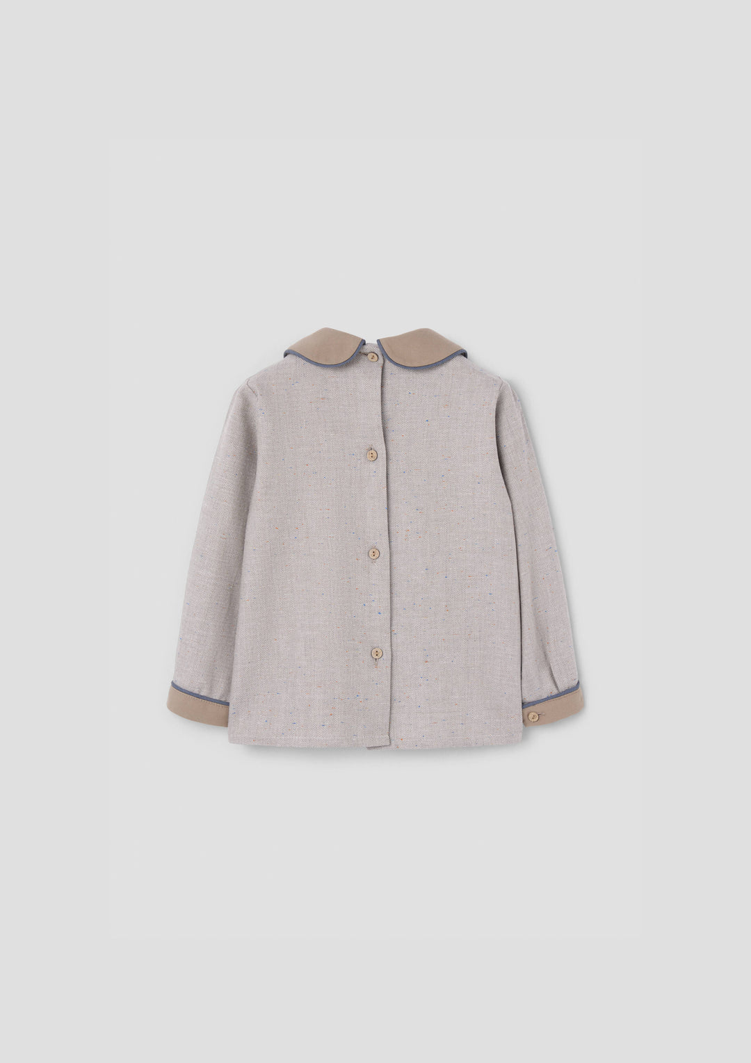 MOD.20.2 GREY HERRINGBONE PANELLED BLOUSE IN ALL HERRINGONE FABRIC COLLAR SLEEVES WRISTS AND ALL PIPING IN BLUE