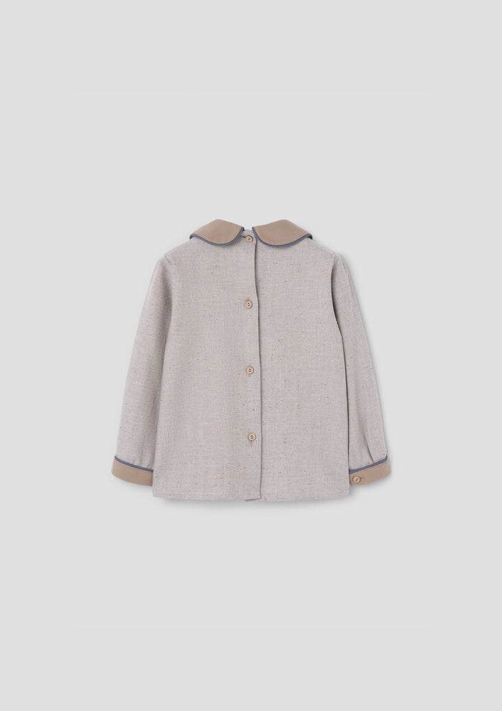 MOD.20.2 GREY HERRINGBONE PANELLED BLOUSE IN ALL HERRINGONE FABRIC COLLAR SLEEVES WRISTS AND ALL PIPING IN BLUE