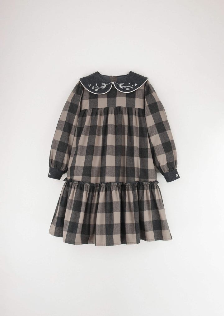 33.4-TAUPE CHECK DRESS W/EMBROIDERED COLLAR