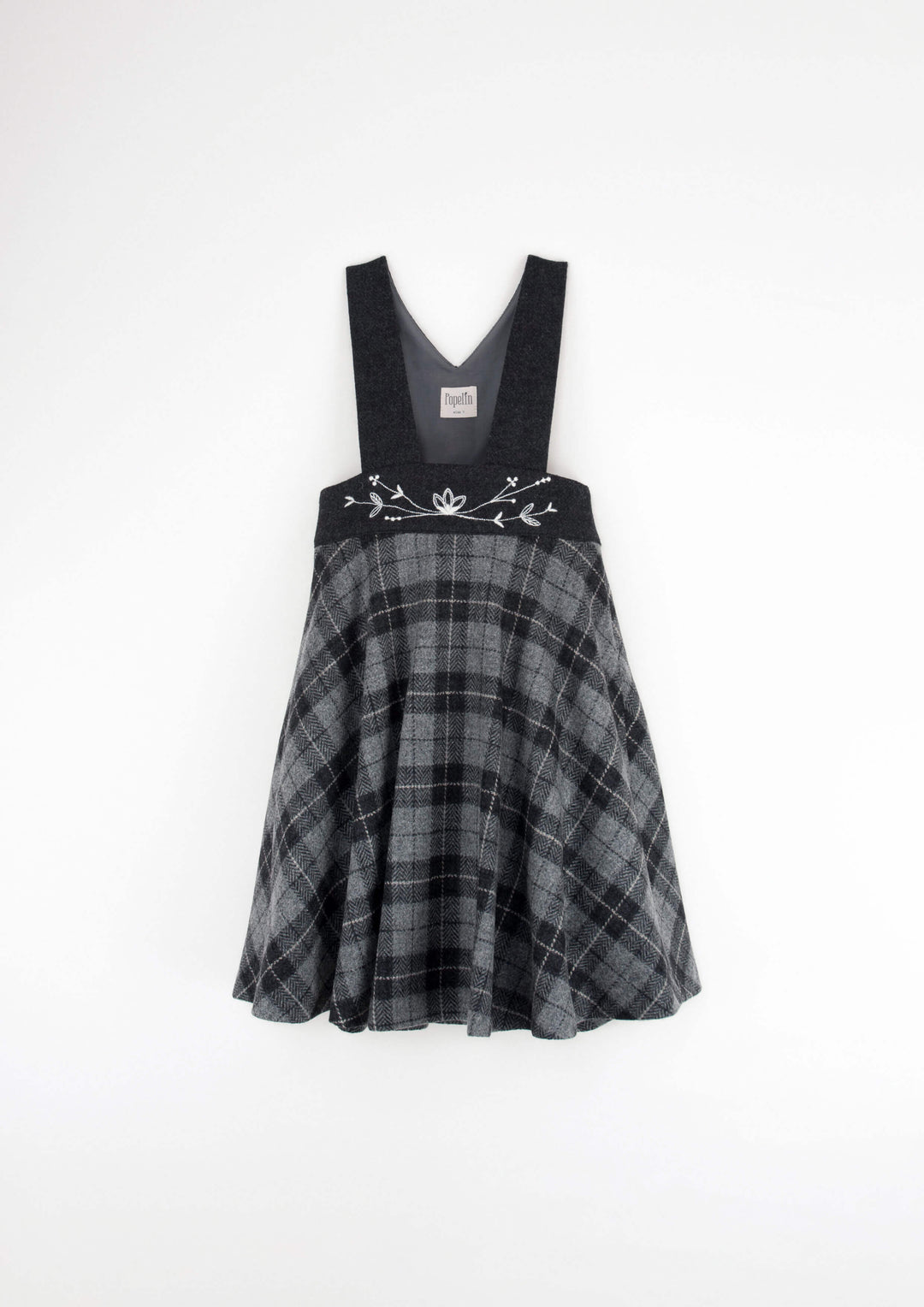 36.2-GREY CHECK WOOLEN DUNGAREE DRESS W/EMBROIDERY