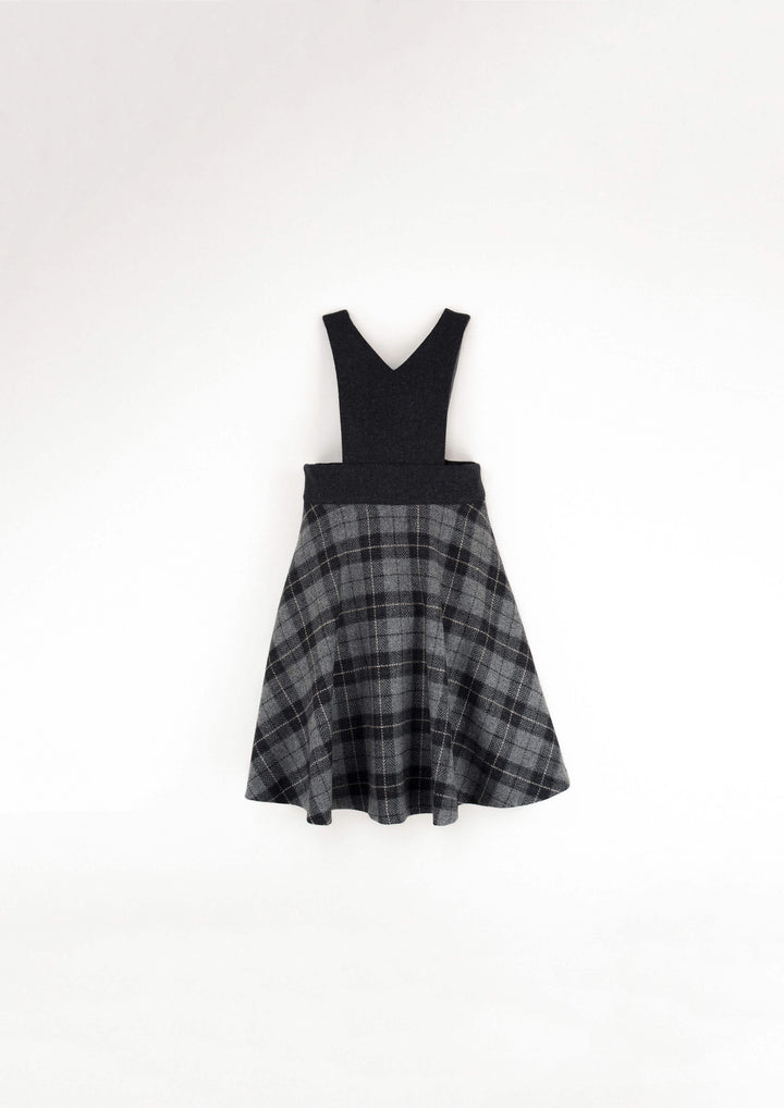 36.2-GREY CHECK WOOLEN DUNGAREE DRESS W/EMBROIDERY