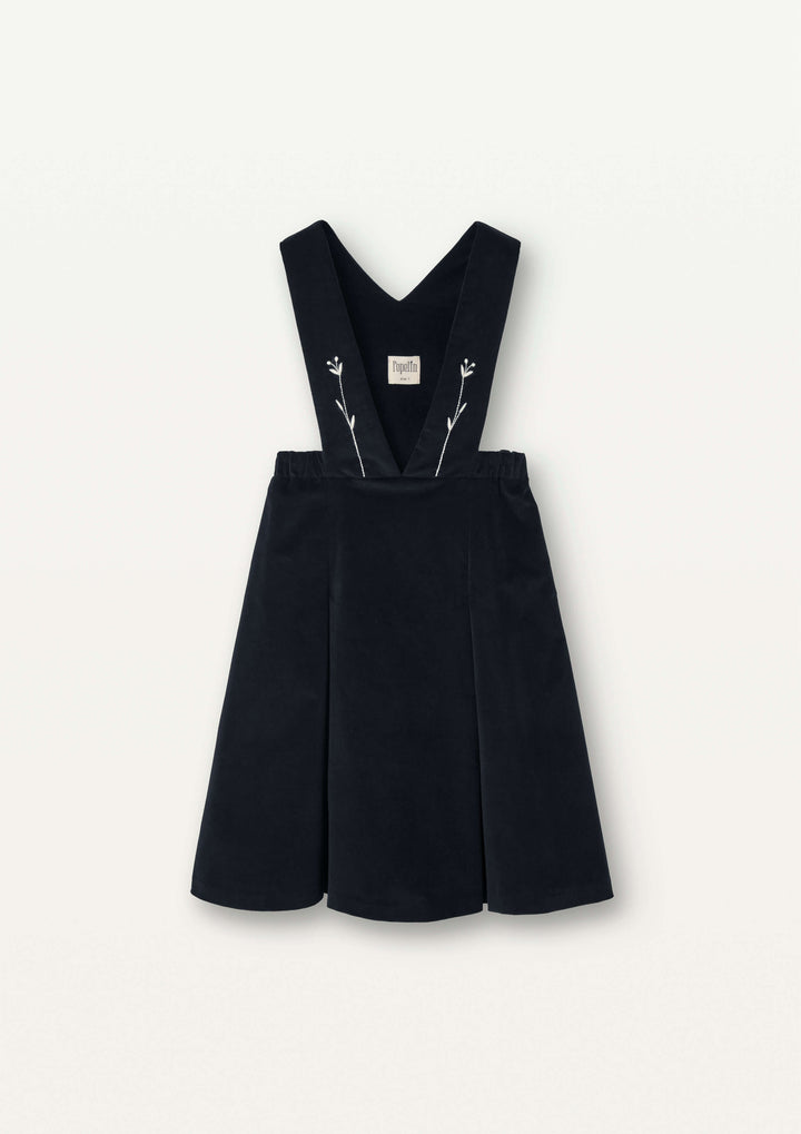 Mod.43.8 Black velvet dress with bib and embroidered straps