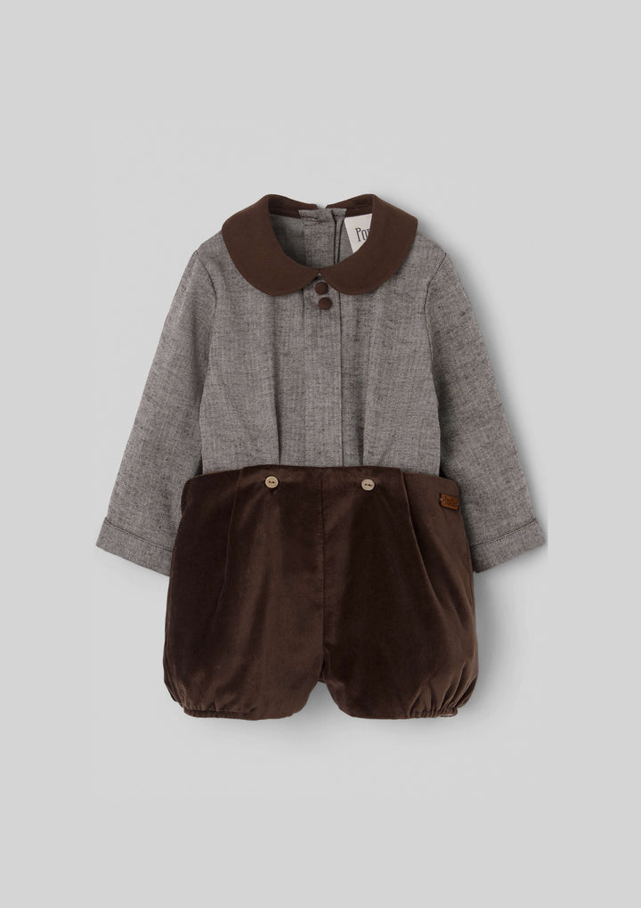 MOD.6.2 BROWN VELVET CONTRASTING TWO-PIECE BABY PLAYSUIT